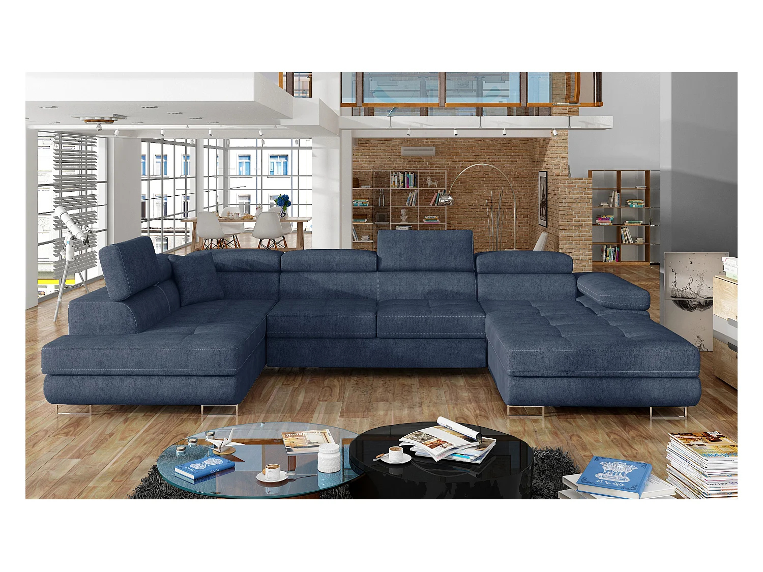 Canapé panoramique convertible ROMANO tissu - Rangement et appuie-têtes réglables-Bleu turquin-Coffre à gauche