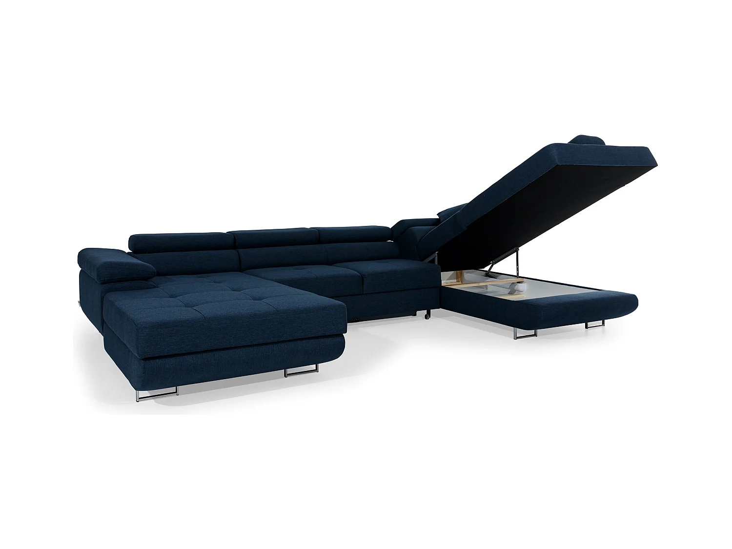 Canapé panoramique convertible ROMANO tissu - Rangement et appuie-têtes réglables-Bleu turquin-Coffre à gauche