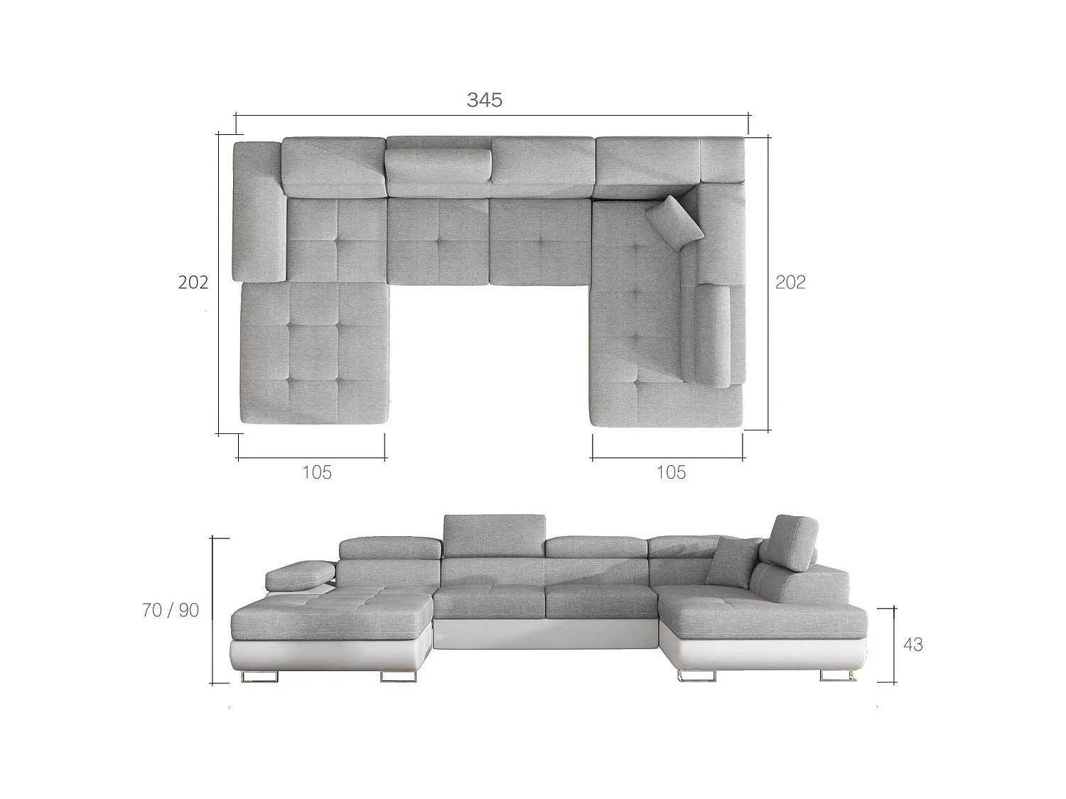 Canapé panoramique convertible ROMANO tissu - Rangement et appuie-têtes réglables-Bleu turquin-Coffre à gauche