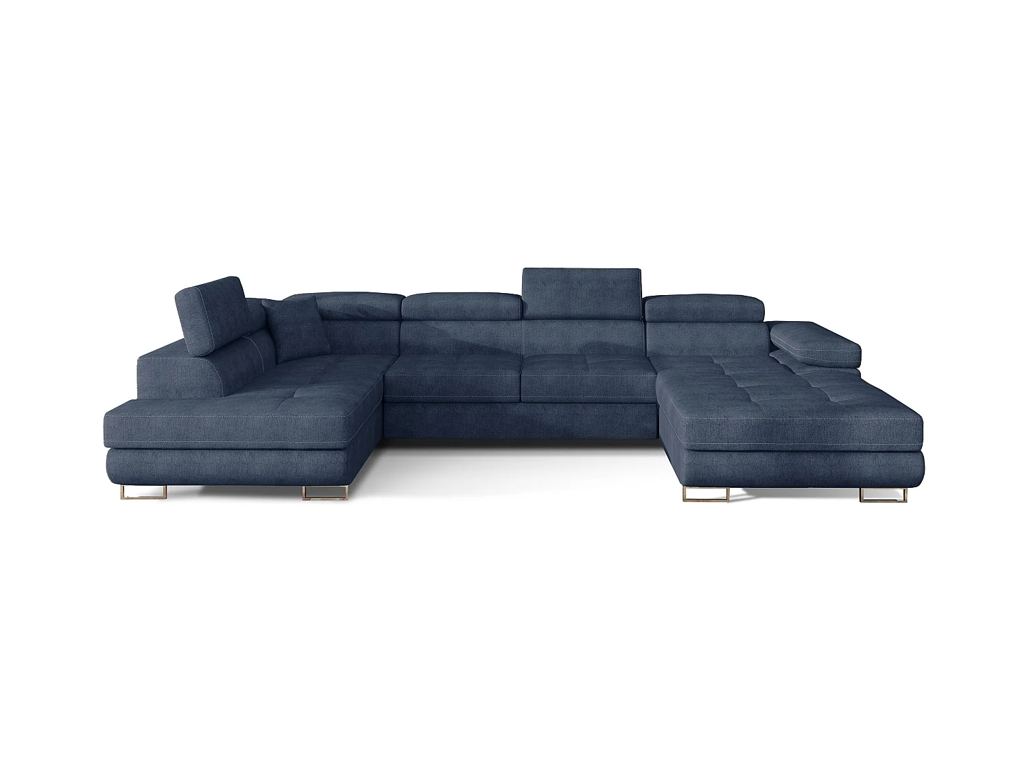 Canapé panoramique convertible ROMANO tissu - Rangement et appuie-têtes réglables-Bleu turquin-Coffre à gauche