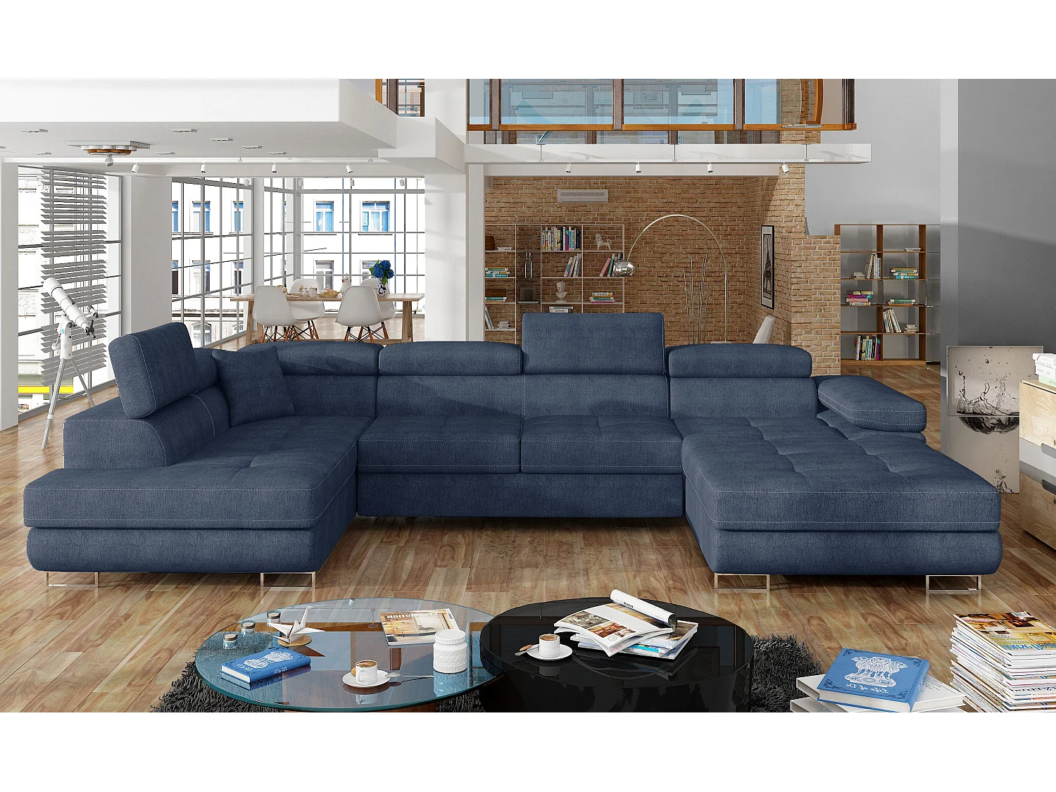 Canapé panoramique convertible ROMANO tissu - Rangement et appuie-têtes réglables-Bleu turquin-Coffre à gauche