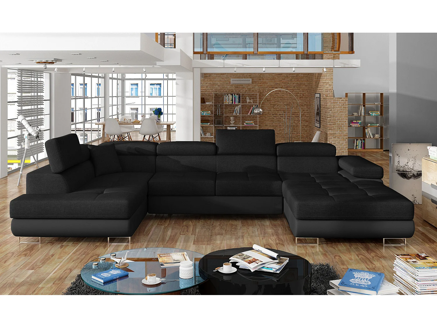 Canapé panoramique convertible ROMANO tissu - Rangement et appuie-têtes réglables-Bleu turquin-Coffre à gauche