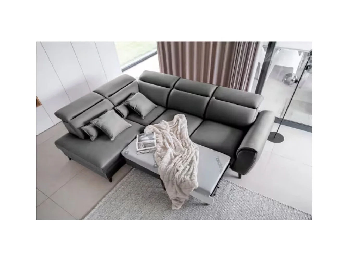 Canapé d'angle convertible avec rangement velours NOBLESSE - Pieds bois noir-Gris-angle gauche