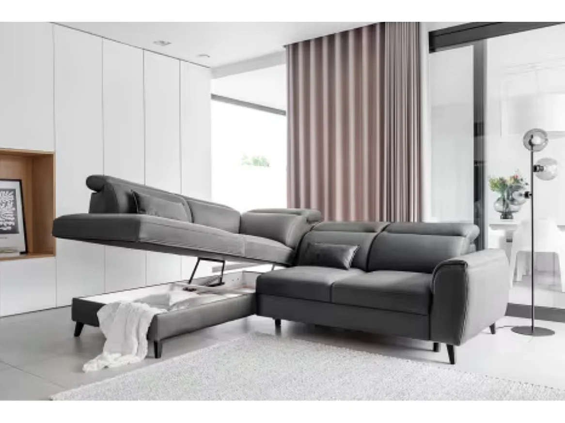 Canapé d'angle convertible avec rangement velours NOBLESSE - Pieds bois noir-Gris-angle gauche