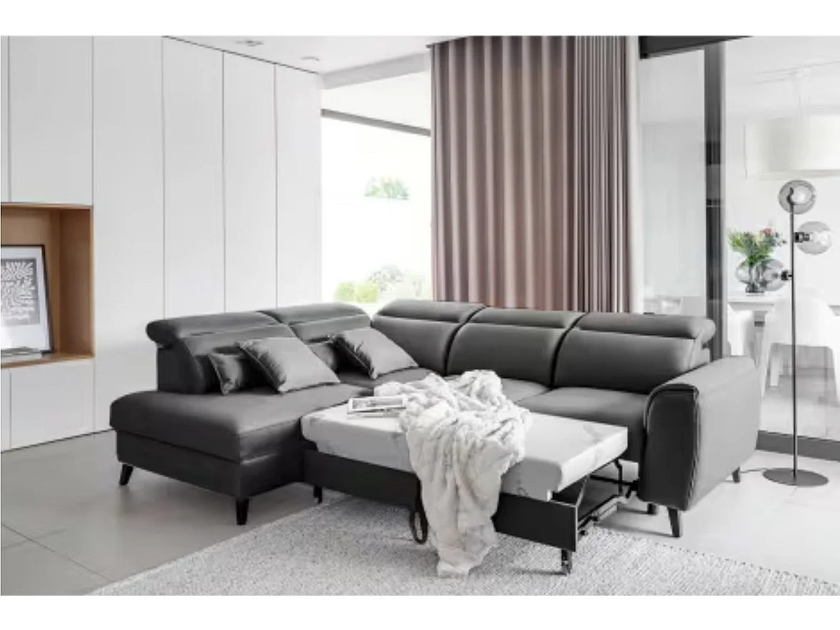 Canapé d'angle convertible avec rangement velours NOBLESSE - Pieds bois noir-Gris-angle gauche