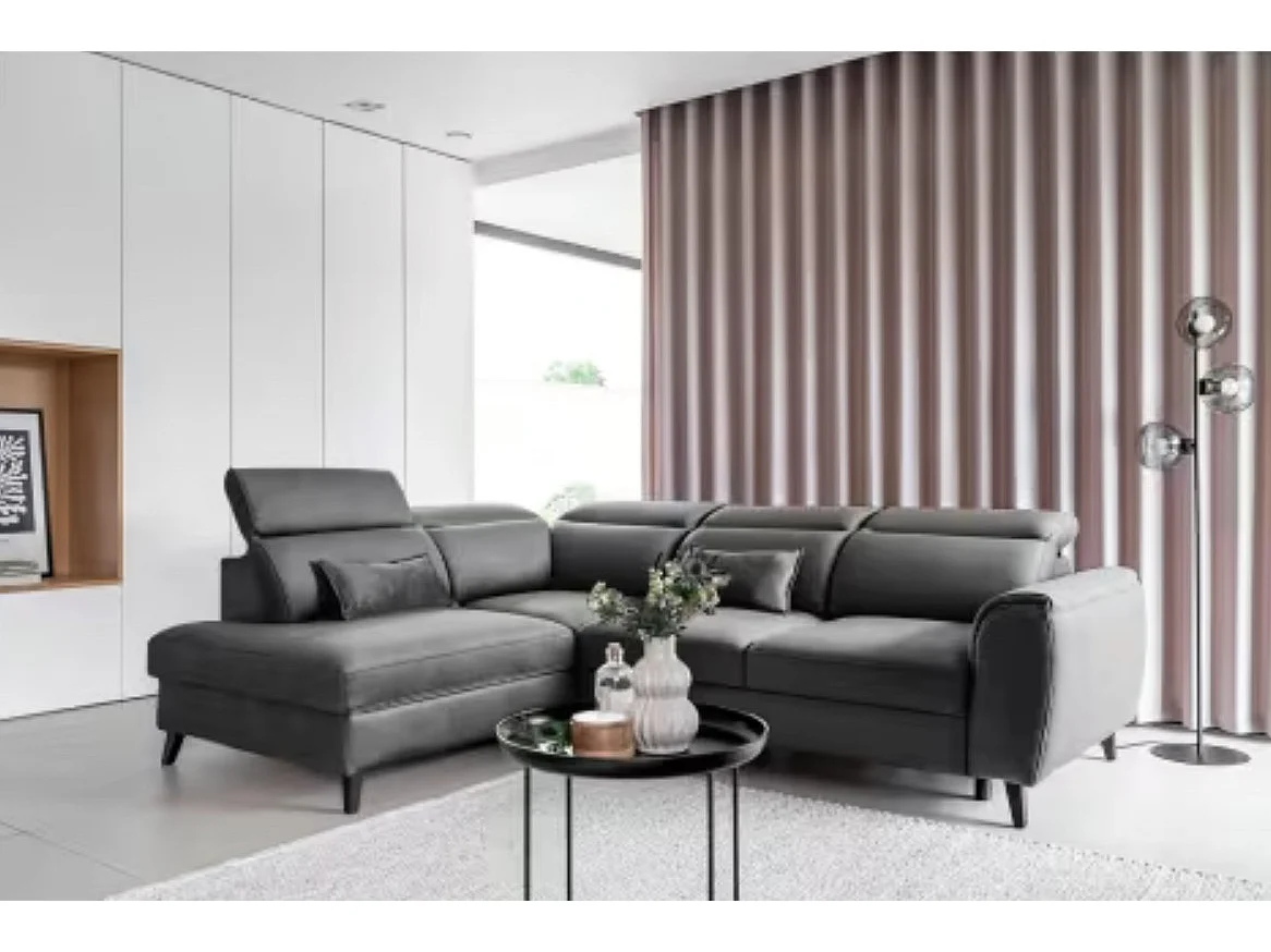 Canapé d'angle convertible avec rangement velours NOBLESSE - Pieds bois noir-Gris-angle gauche