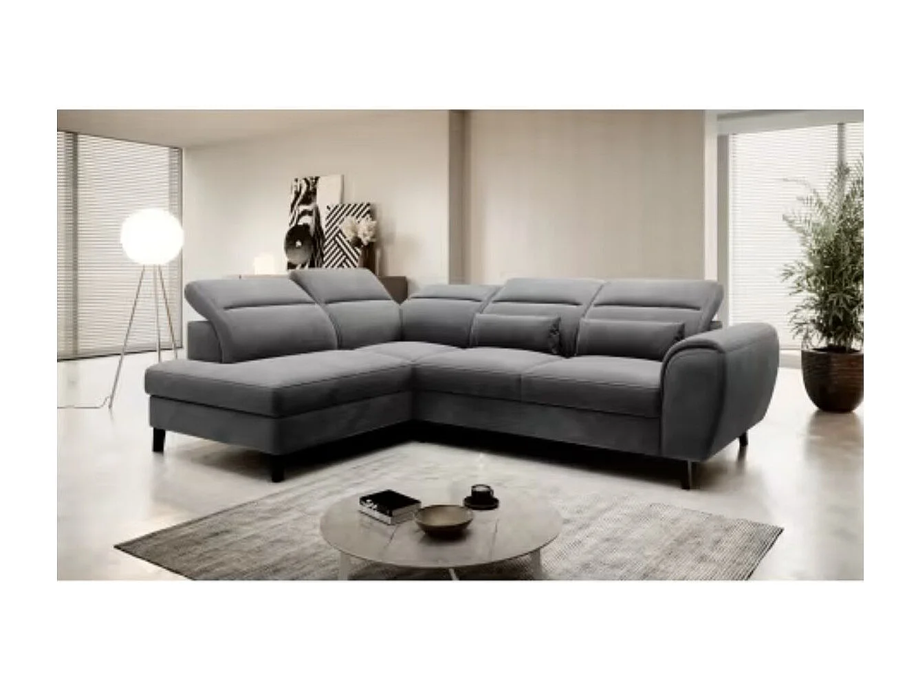 Canapé d'angle convertible avec rangement velours NOBLESSE - Pieds bois noir-Gris-angle gauche