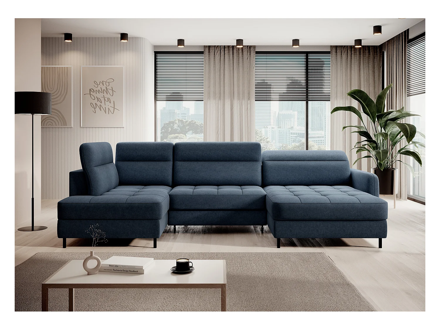 Canapé panoramique convertible BENTO en tissu avec coffre de rangement-Bleu-angle droit