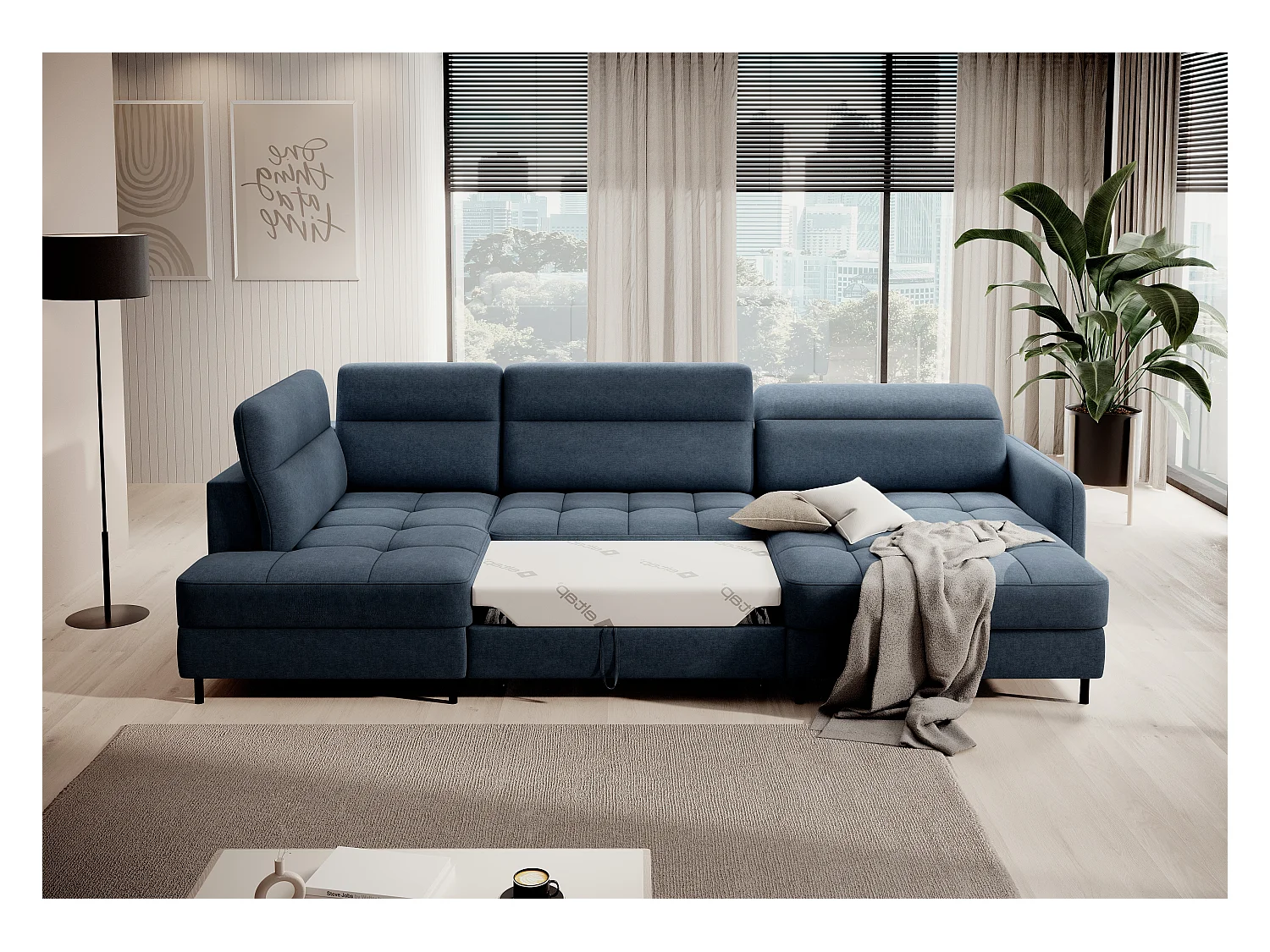 Canapé panoramique convertible BENTO en tissu avec coffre de rangement-Bleu-angle droit