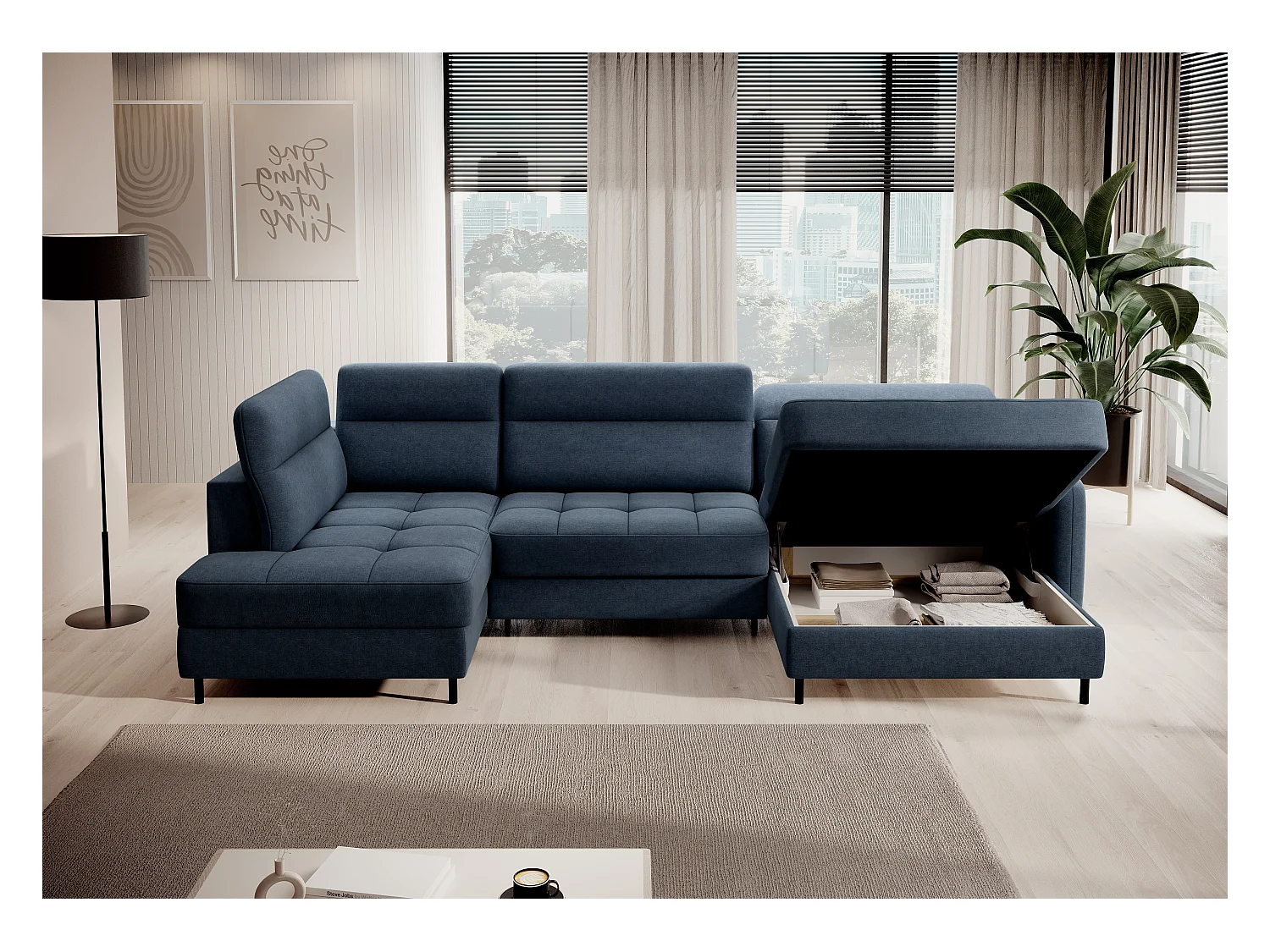 Canapé panoramique convertible BENTO en tissu avec coffre de rangement-Bleu-angle droit