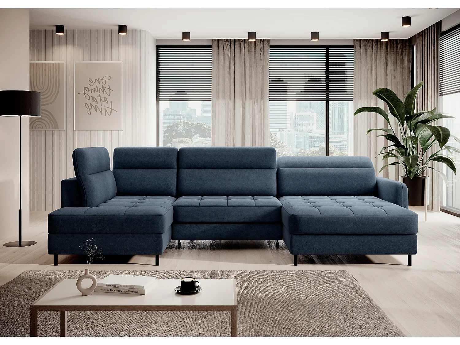 Canapé panoramique convertible BENTO en tissu avec coffre de rangement-Bleu-angle droit