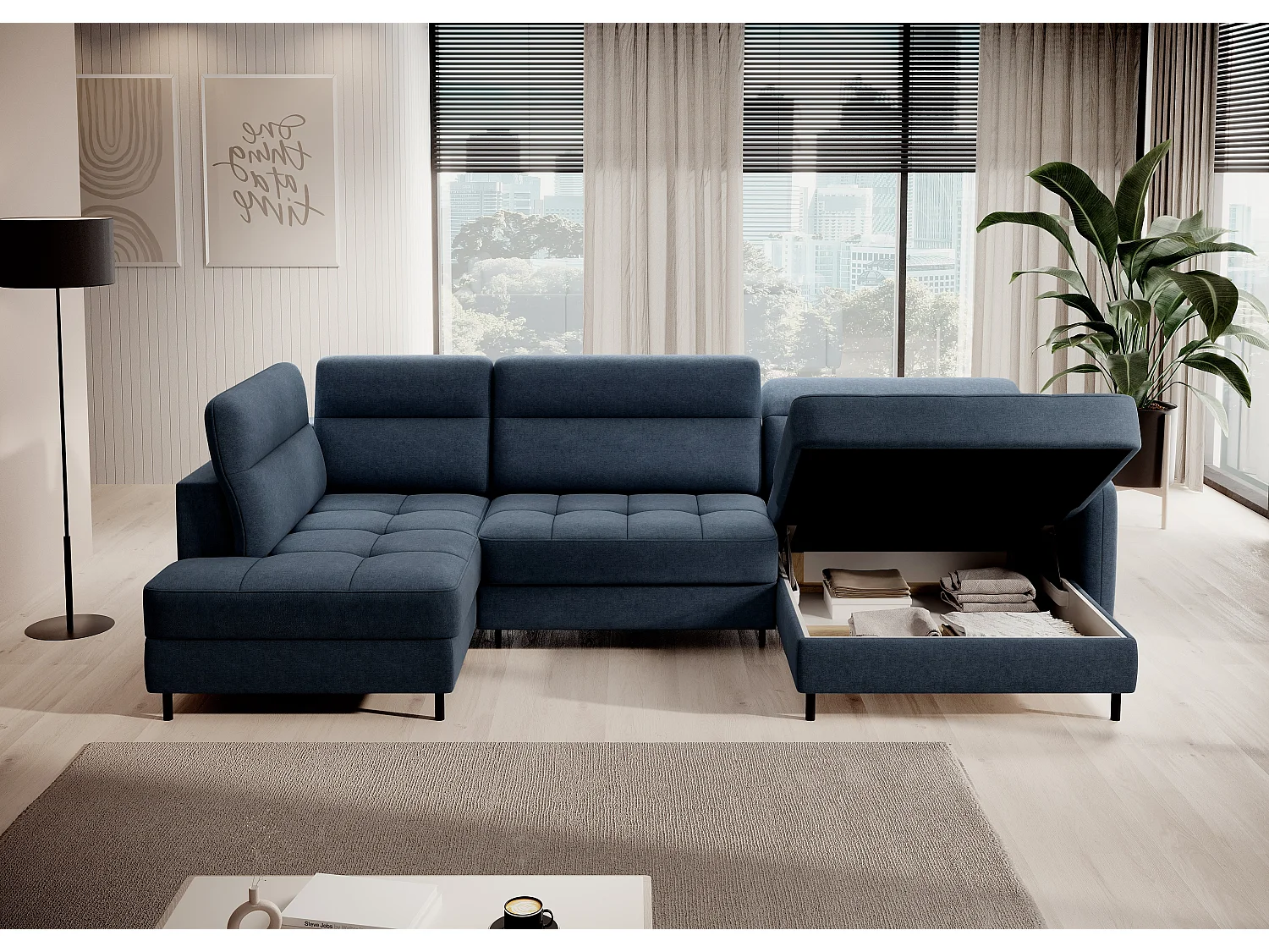 Canapé panoramique convertible BENTO en tissu avec coffre de rangement-Bleu-angle droit