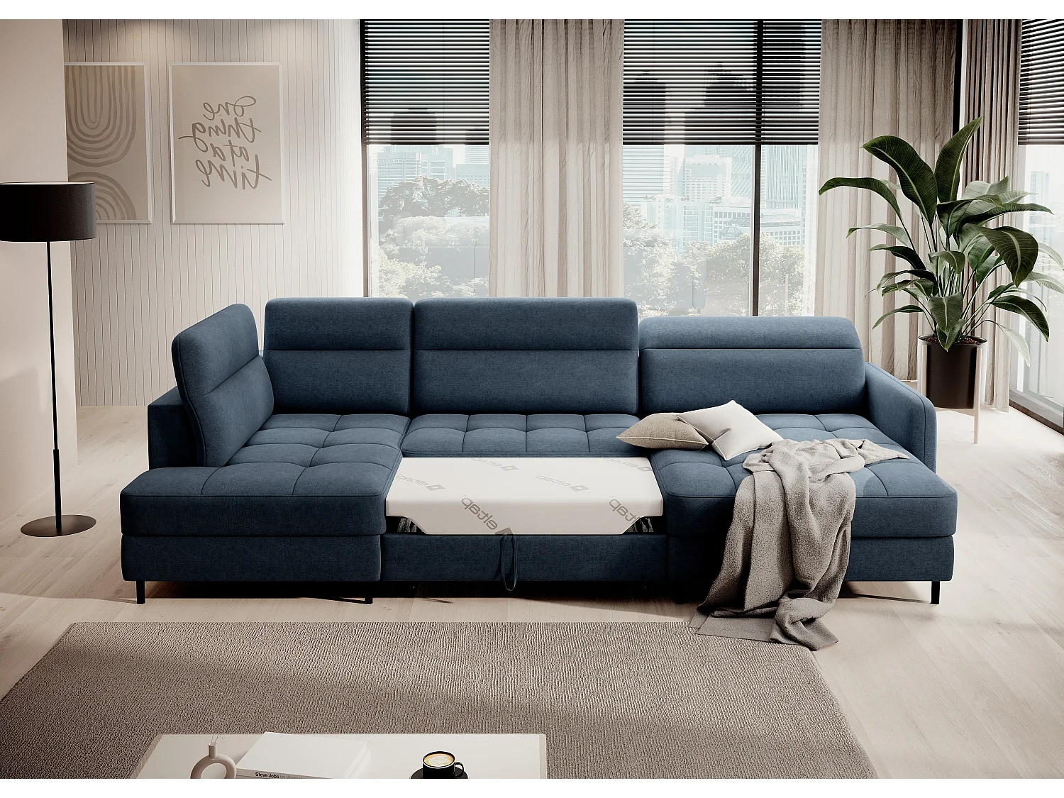 Canapé panoramique convertible BENTO en tissu avec coffre de rangement-Bleu-angle droit