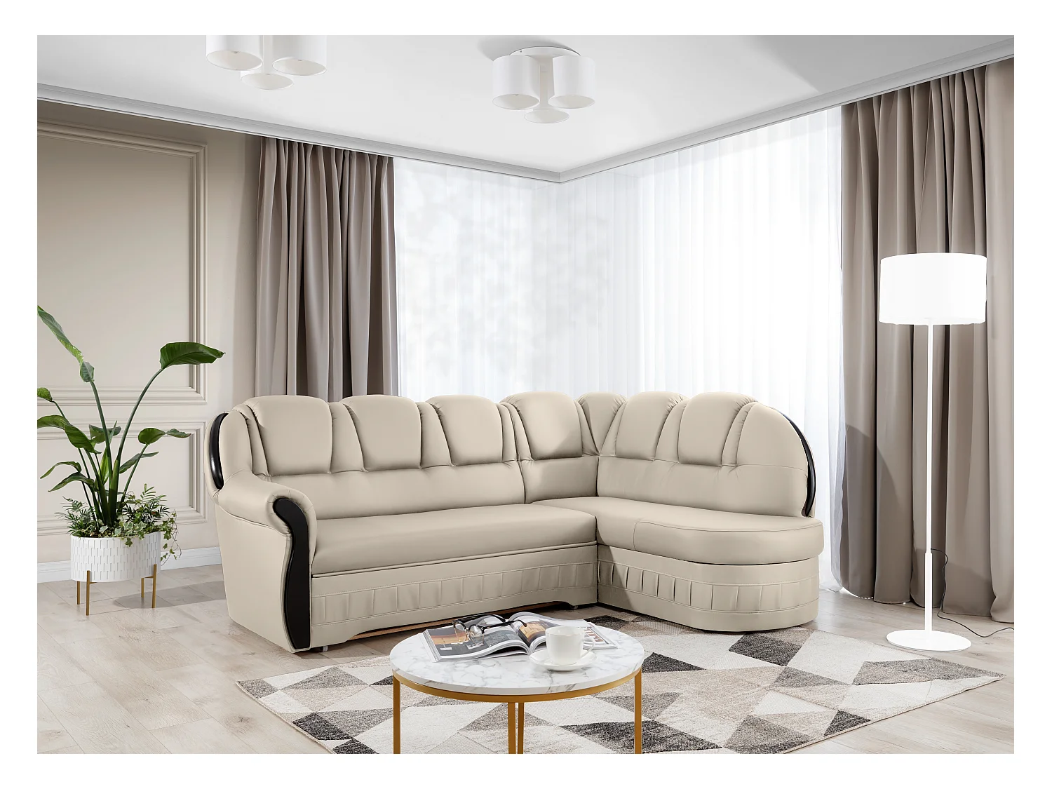 Canapé d'angle convertible avec rangement en simili cuir Majesté-Beige-angle droit