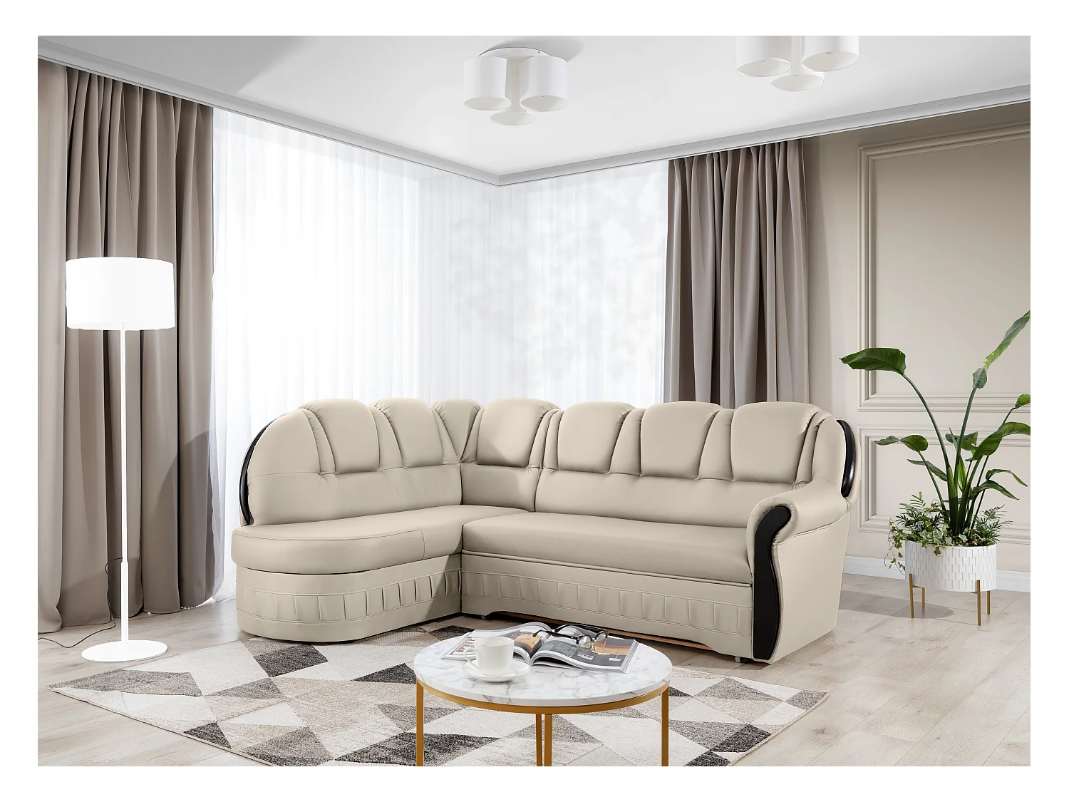 Canapé d'angle convertible avec rangement en simili cuir Majesté-Beige-angle droit