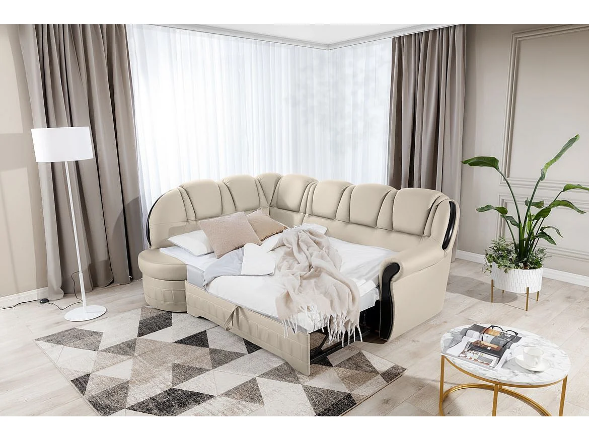 Canapé d'angle convertible avec rangement en simili cuir Majesté-Beige-angle droit