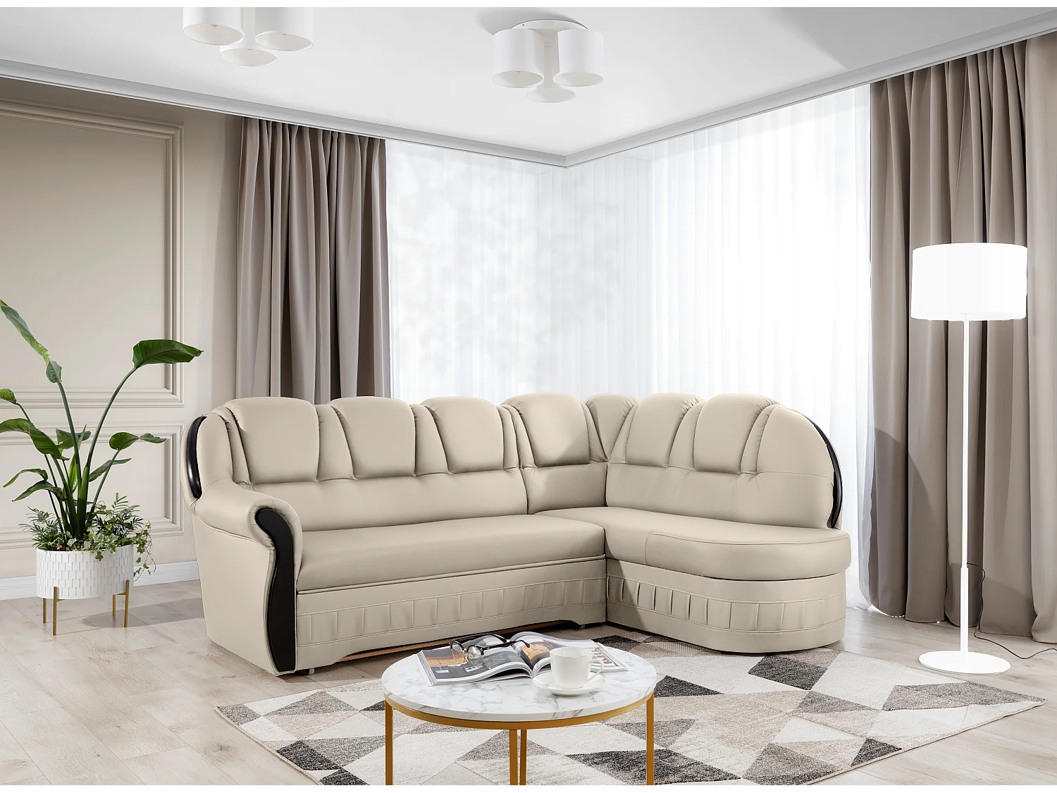 Canapé d'angle convertible avec rangement en simili cuir Majesté-Beige-angle droit