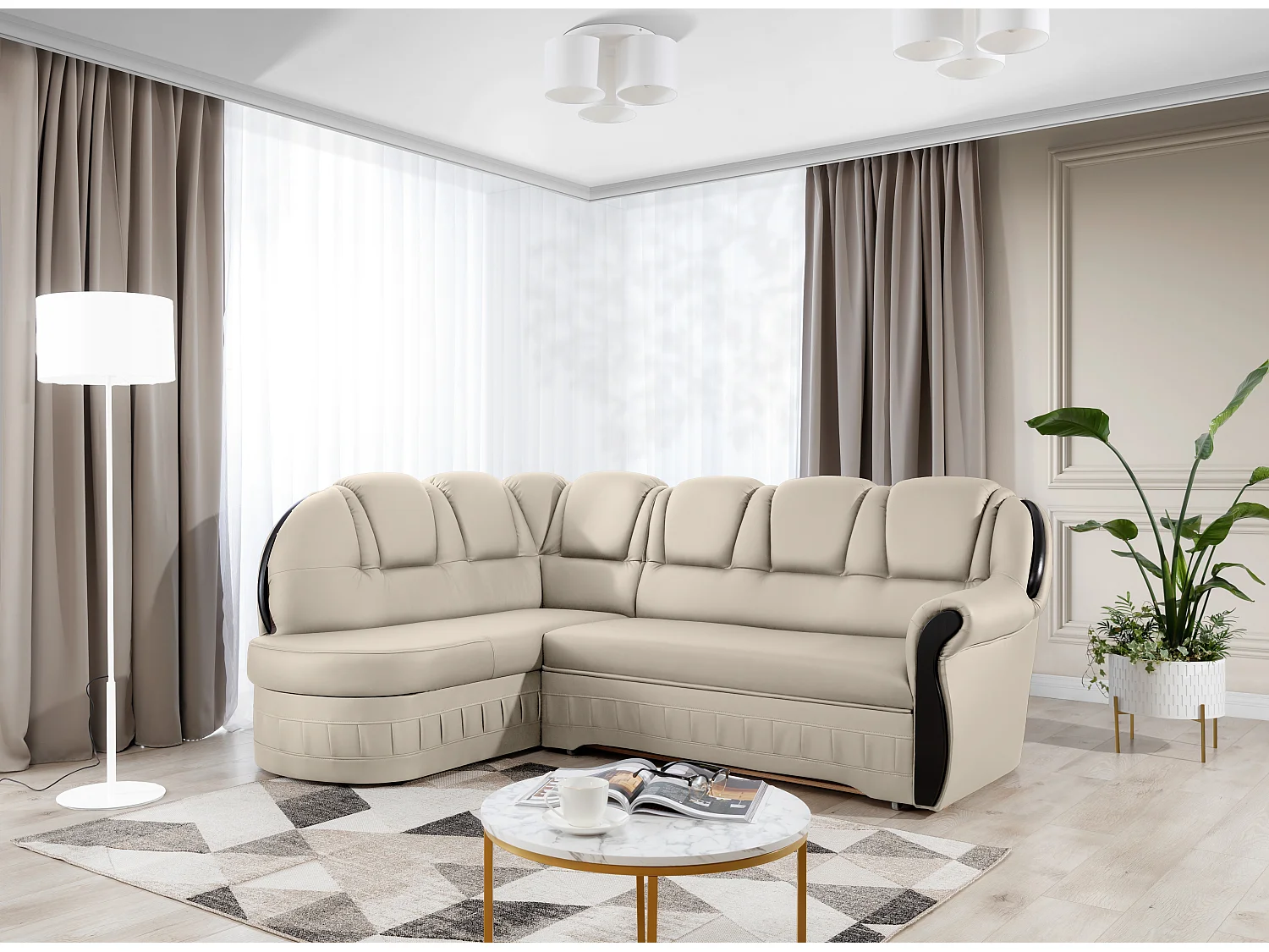 Canapé d'angle convertible avec rangement en simili cuir Majesté-Beige-angle droit