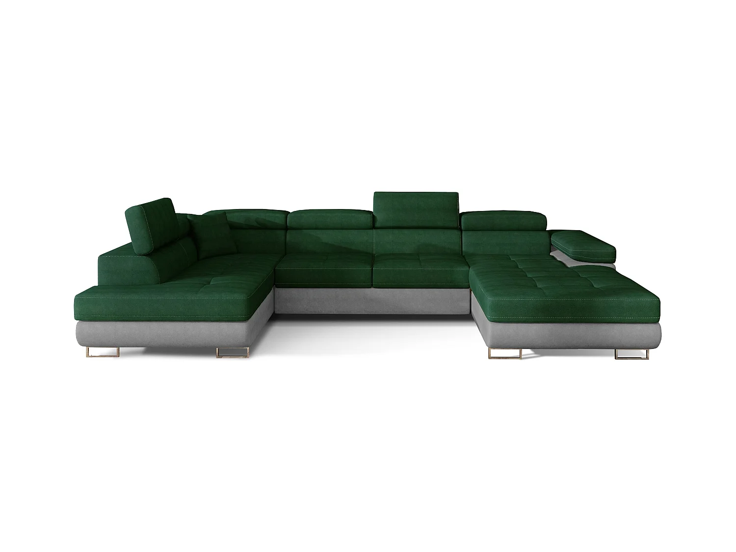 Canapé panoramique convertible ROMANO - Rangement et appuie-têtes réglables-Gris clair/Vert-Coffre à droite