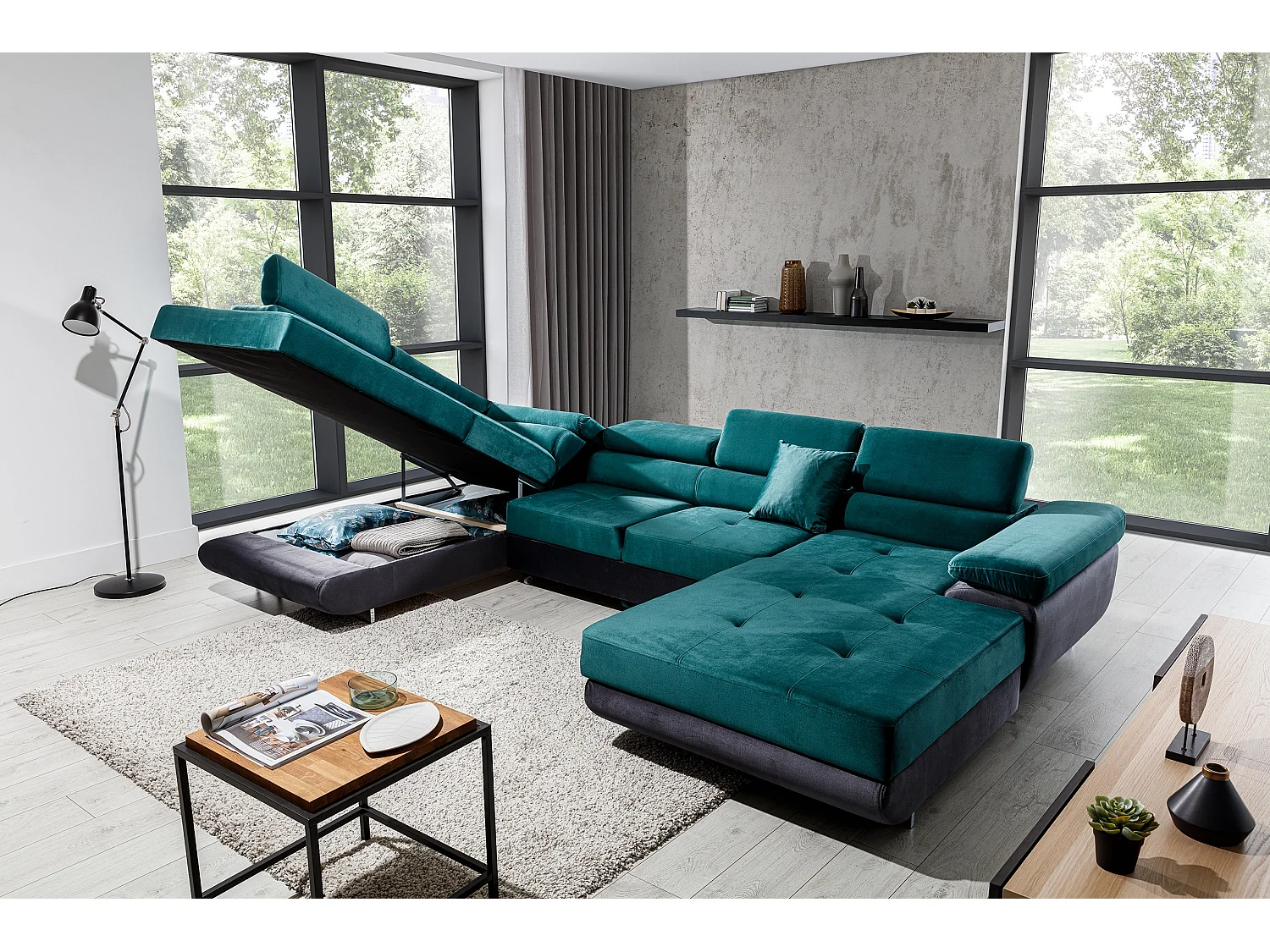 Canapé panoramique convertible ROMANO - Rangement et appuie-têtes réglables-Gris clair/Vert-Coffre à droite