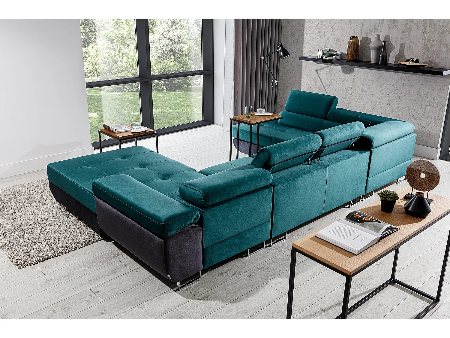 Canapé panoramique convertible ROMANO - Rangement et appuie-têtes réglables-Gris clair/Vert-Coffre à droite