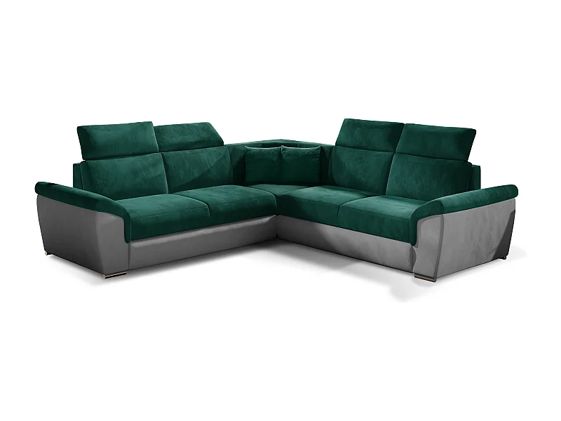 Sofá esquinero Neo reversible y convertible en terciopelo - Patas de acero cromado-Color Gris claro/Verde