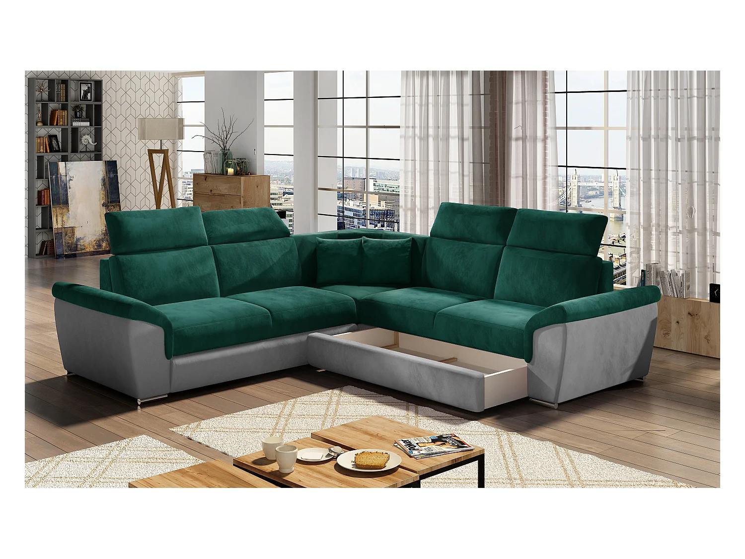 Canapé d'angle réversible et convertible velours Neo - Pieds acier chromé-Gris clair/Vert