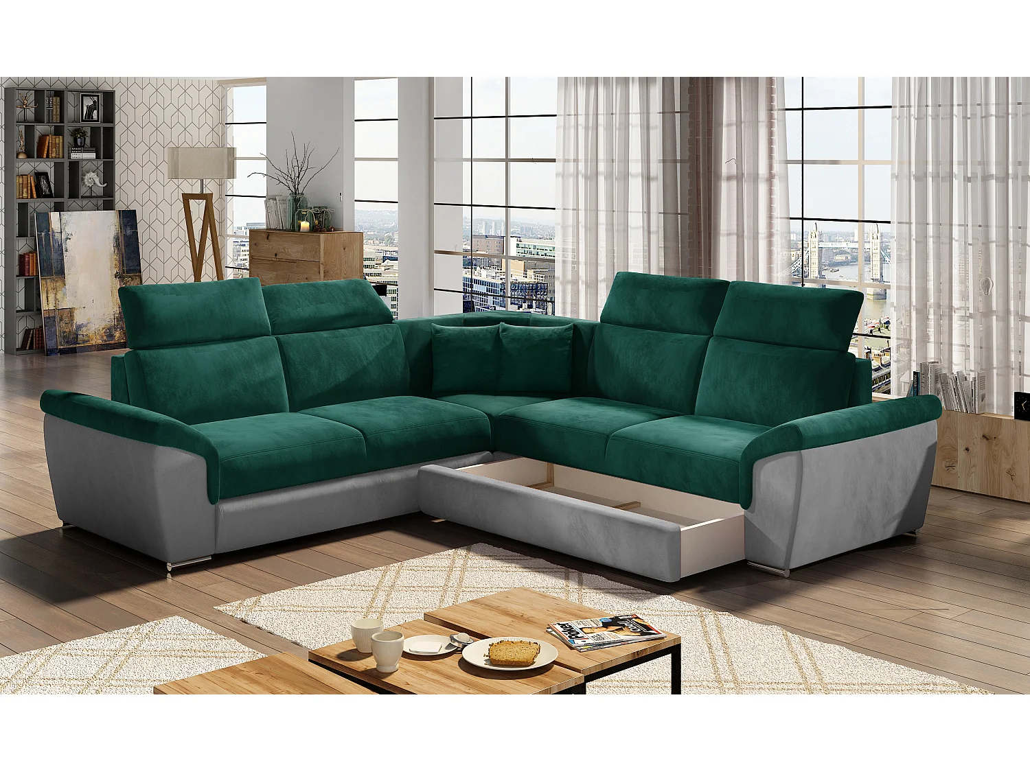 Canapé d&#039;angle réversible et convertible velours Neo - Pieds acier chromé-Gris clair/Vert