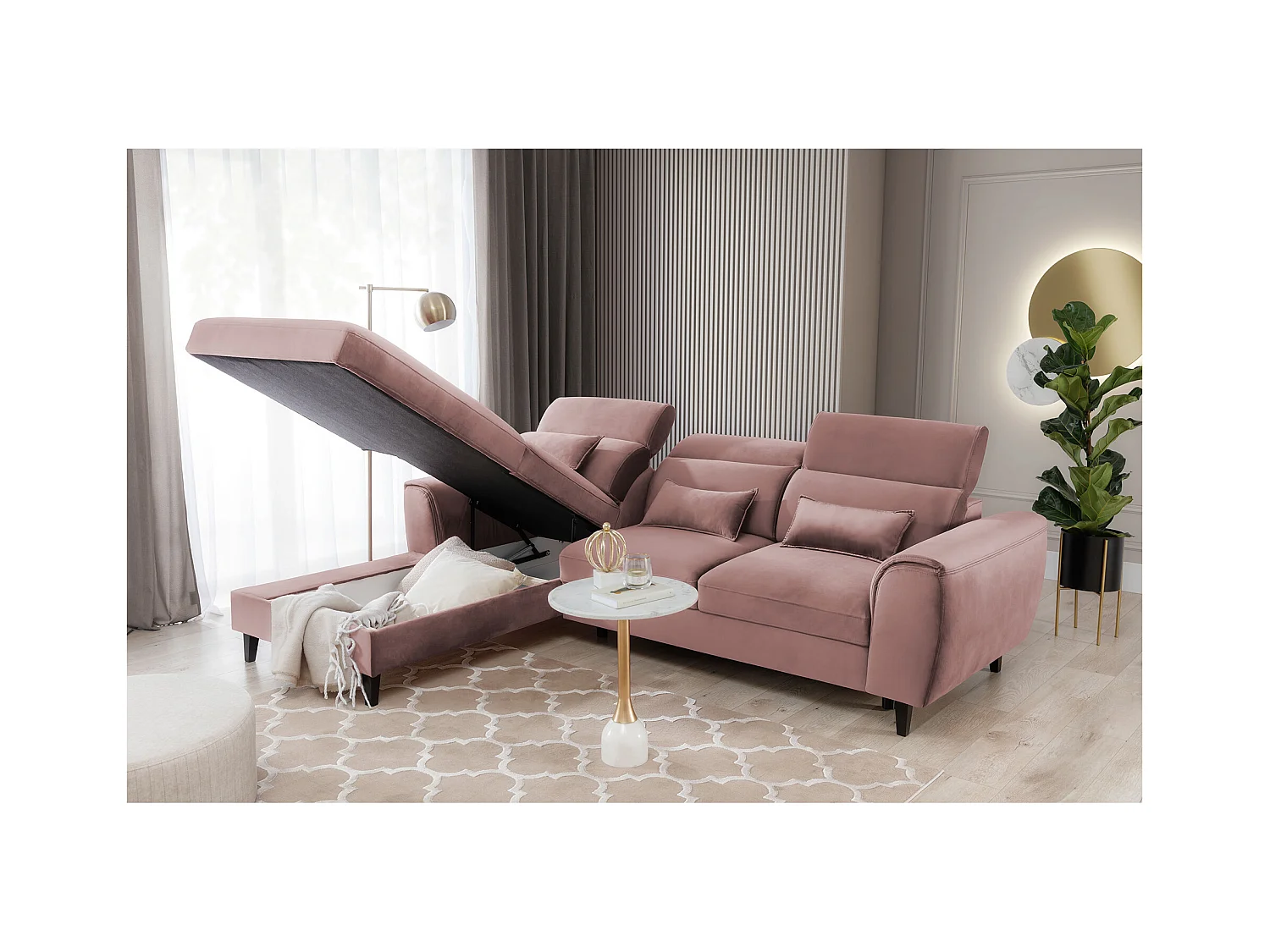 Canapé d'angle convertible velours appuis-tête réglables ASTORIA - Coffre et pieds bois noir-Rose clair-angle gauche