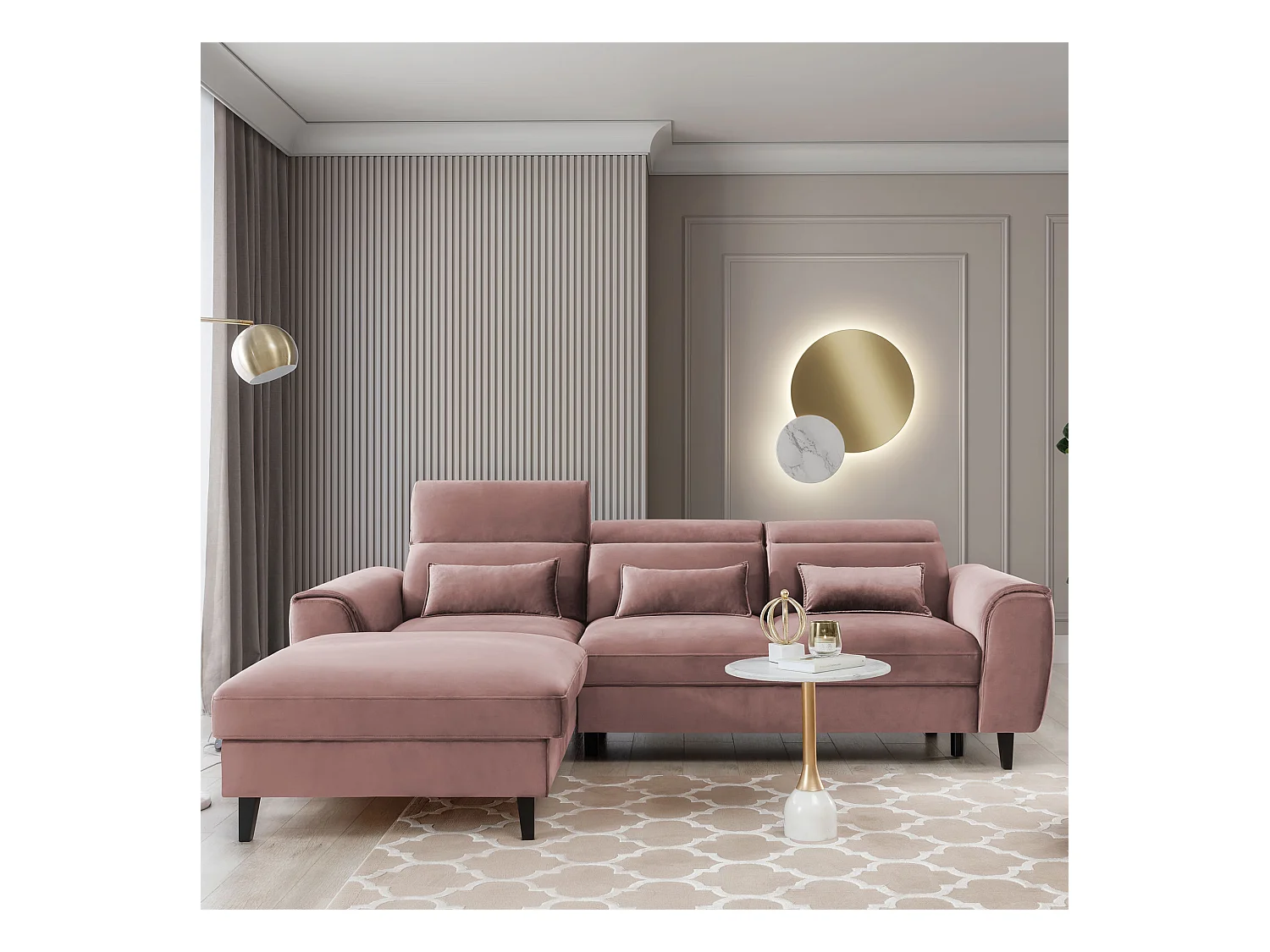 Canapé d'angle convertible velours appuis-tête réglables ASTORIA - Coffre et pieds bois noir-Rose clair-angle gauche