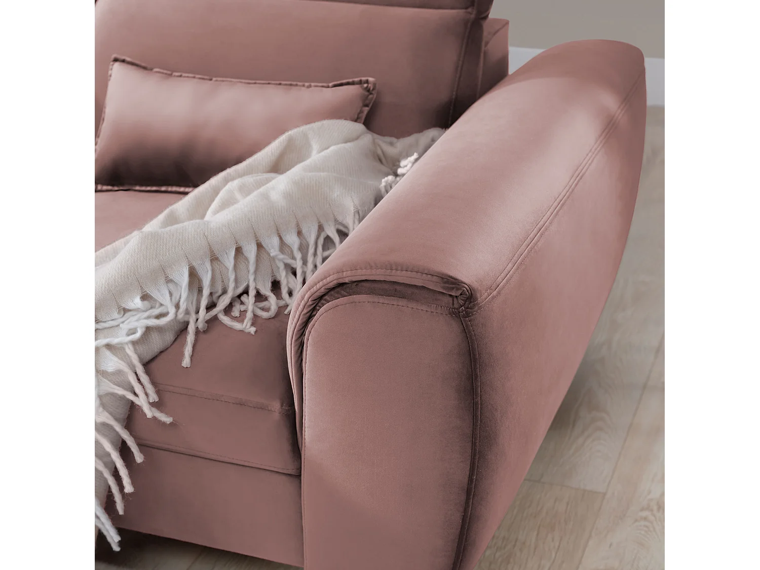 Canapé d'angle convertible velours appuis-tête réglables ASTORIA - Coffre et pieds bois noir-Rose clair-angle gauche