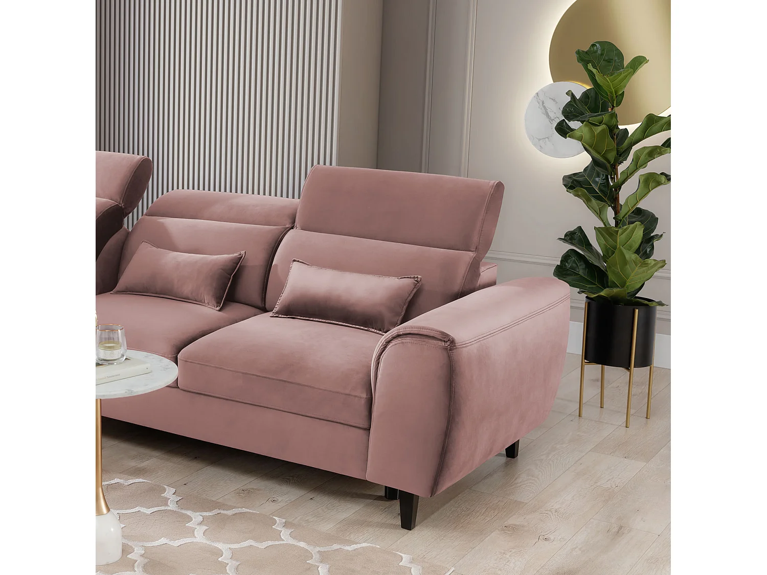 Canapé d'angle convertible velours appuis-tête réglables ASTORIA - Coffre et pieds bois noir-Rose clair-angle gauche