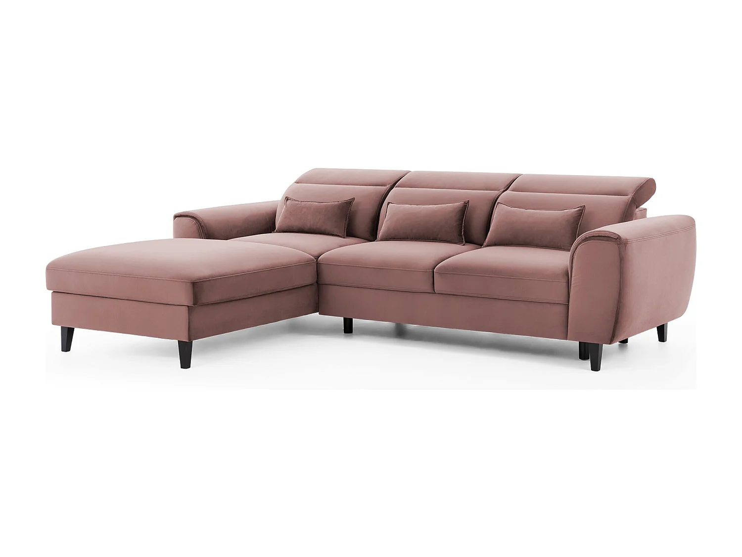 Canapé d'angle convertible velours appuis-tête réglables ASTORIA - Coffre et pieds bois noir-Rose clair-angle gauche