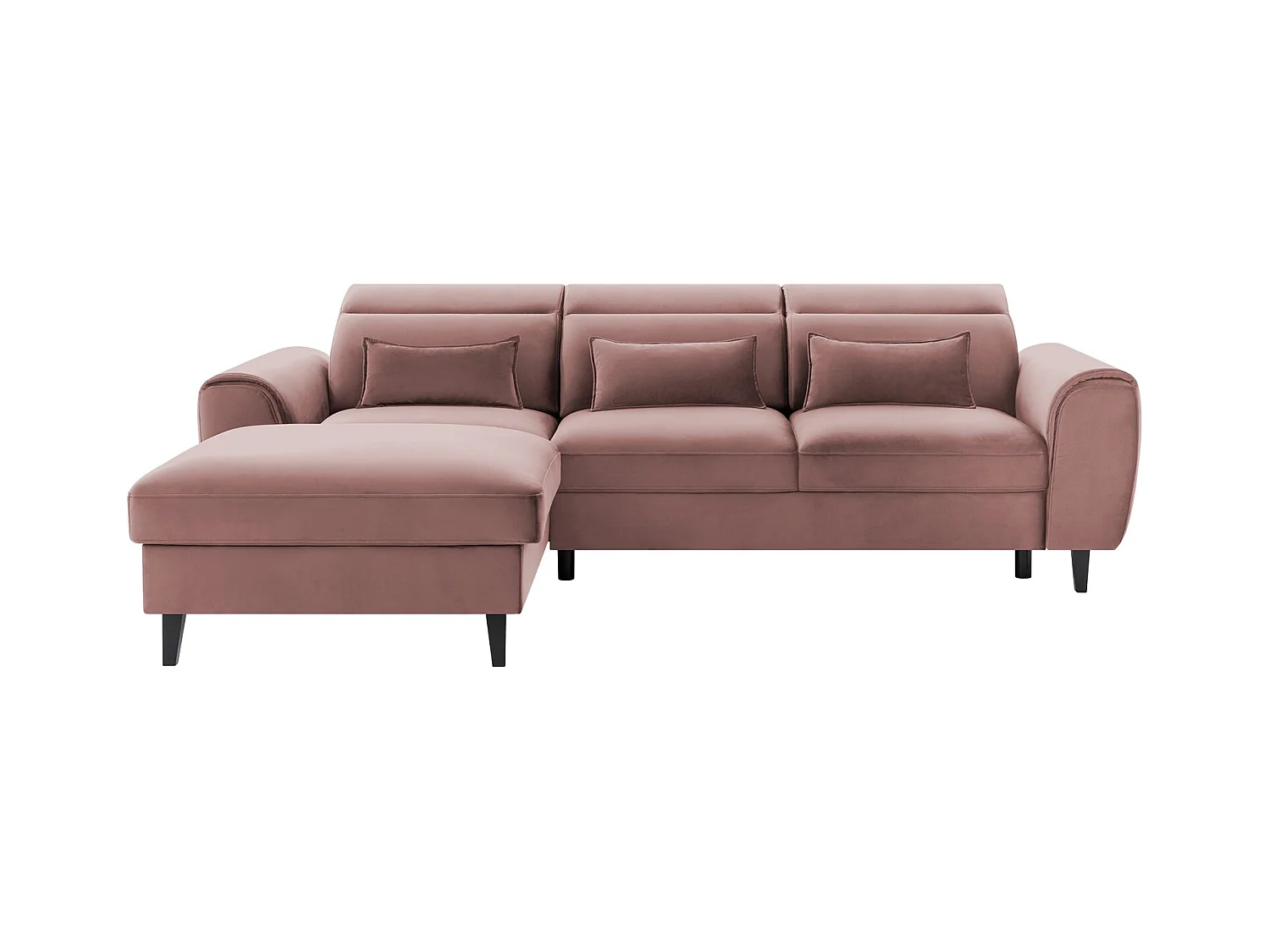 Canapé d'angle convertible velours appuis-tête réglables ASTORIA - Coffre et pieds bois noir-Rose clair-angle gauche
