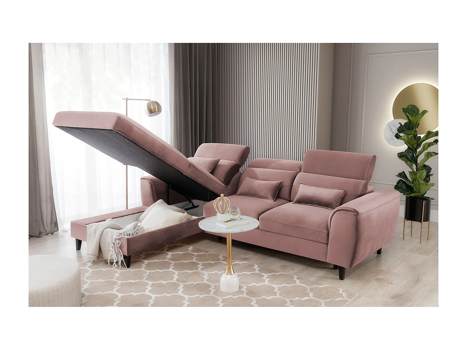 ASTORIA converteerbare fluwelen hoekbank met verstelbare hoofdsteunen - Zwarte houten kist en poten-Kleur Lichtroze-linkerhoek