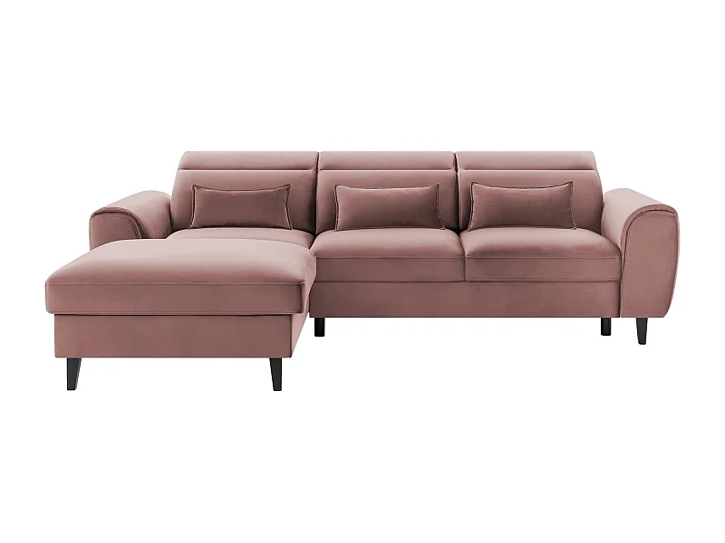 Canapé d'angle convertible velours appuis-tête réglables ASTORIA - Coffre et pieds bois noir-Rose clair-angle gauche