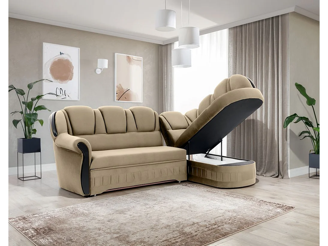 Canapé d'angle convertible avec rangement en velours Majesté-Marron clair-angle droit