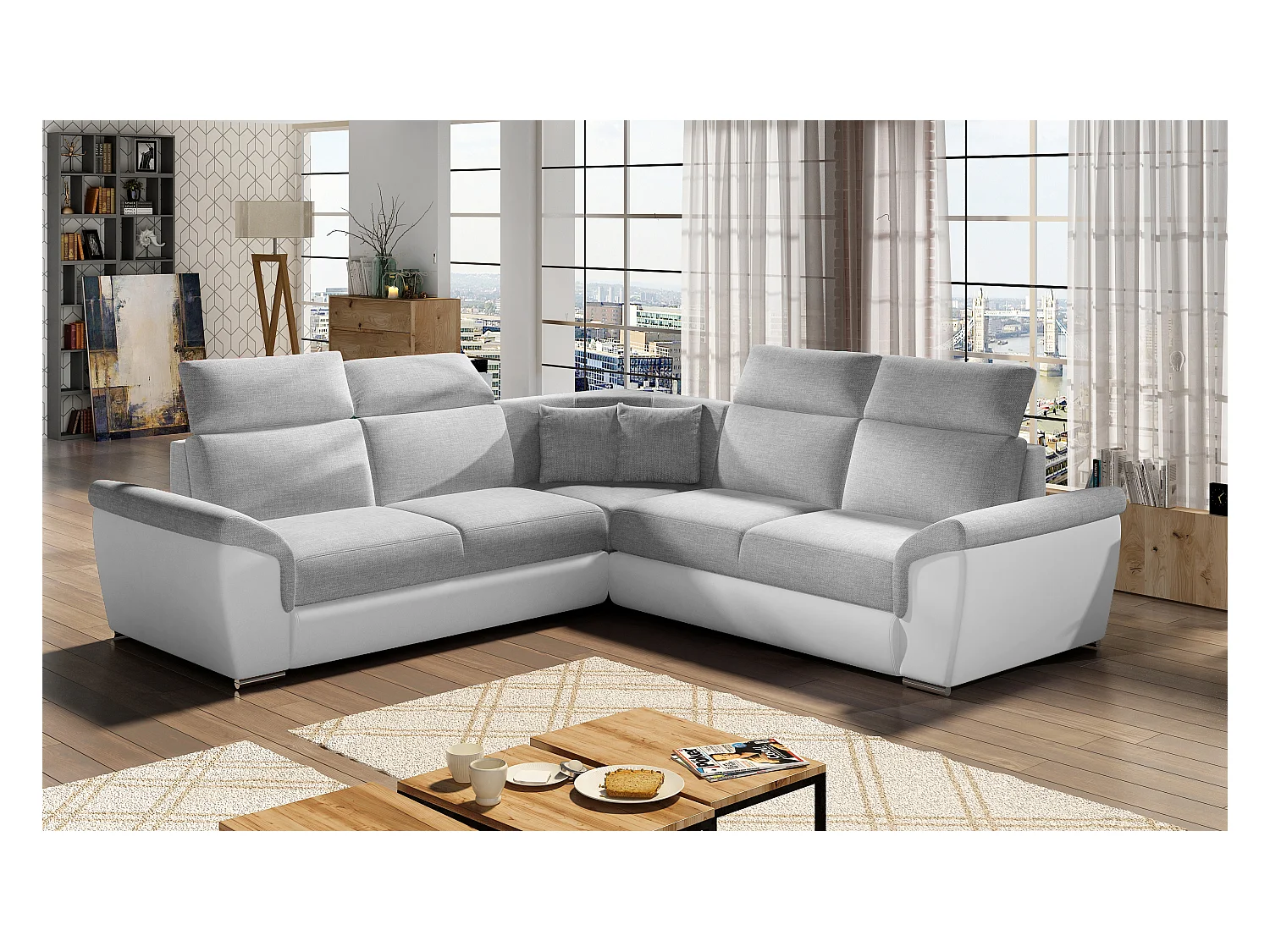 Canapé d'angle réversible et convertible bi-matières Neo - Pieds acier chromé-Blanc/Gris clair