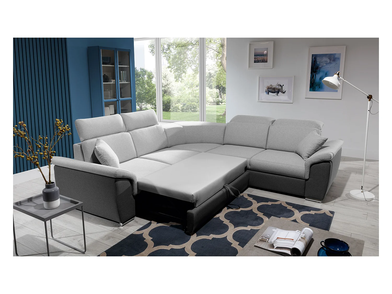 Canapé d'angle réversible et convertible bi-matières Neo - Pieds acier chromé-Blanc/Gris clair