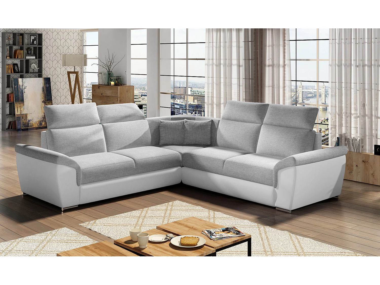 Canapé d&#039;angle réversible et convertible bi-matières Neo - Pieds acier chromé-Blanc/Gris clair