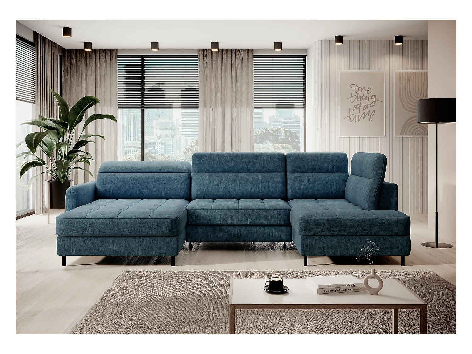 Canapé panoramique convertible BENTO en tissu avec coffre de rangement-Bleu canard-angle gauche