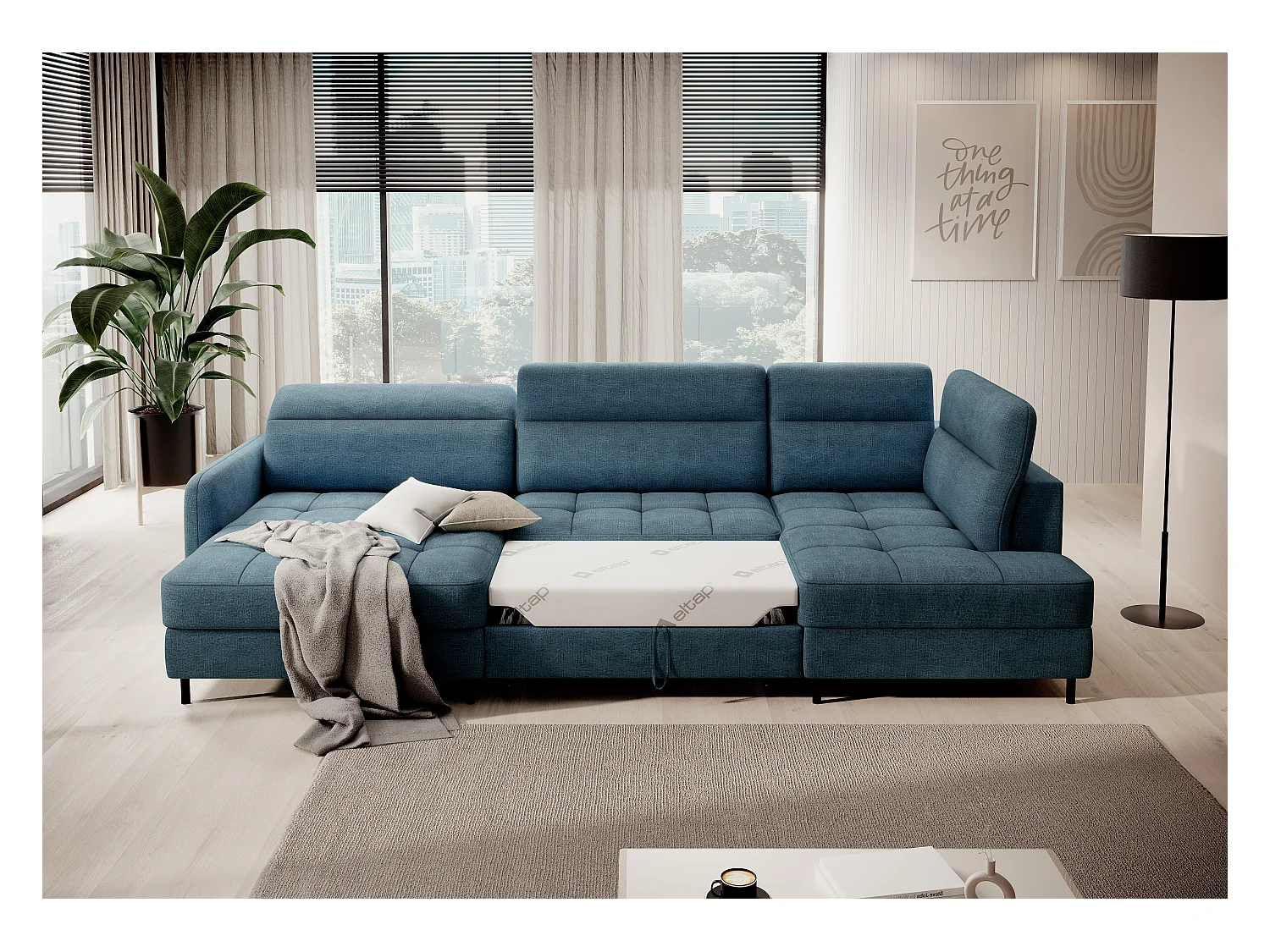 Canapé panoramique convertible BENTO en tissu avec coffre de rangement-Bleu canard-angle gauche