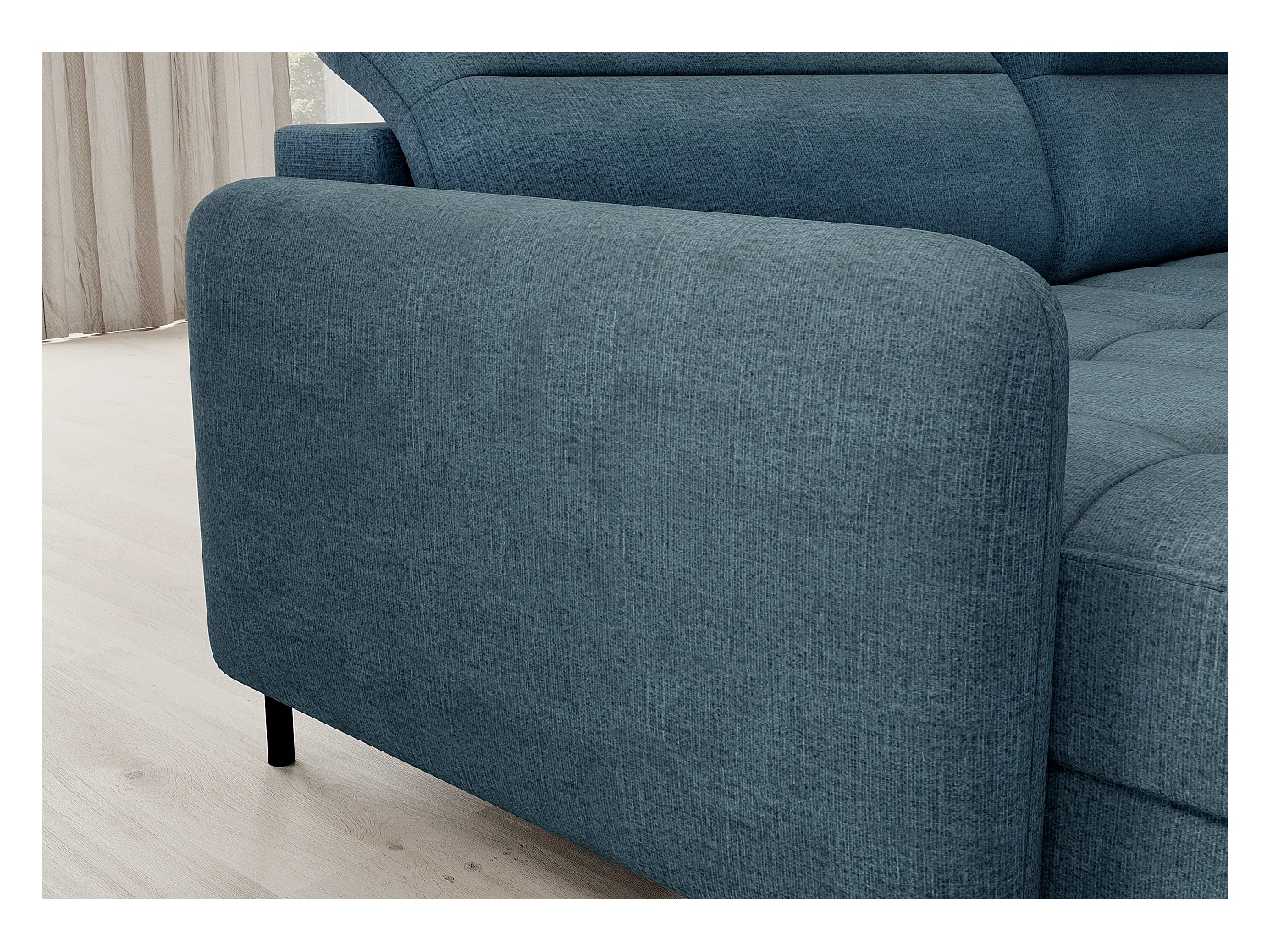 Canapé panoramique convertible BENTO en tissu avec coffre de rangement-Bleu canard-angle gauche