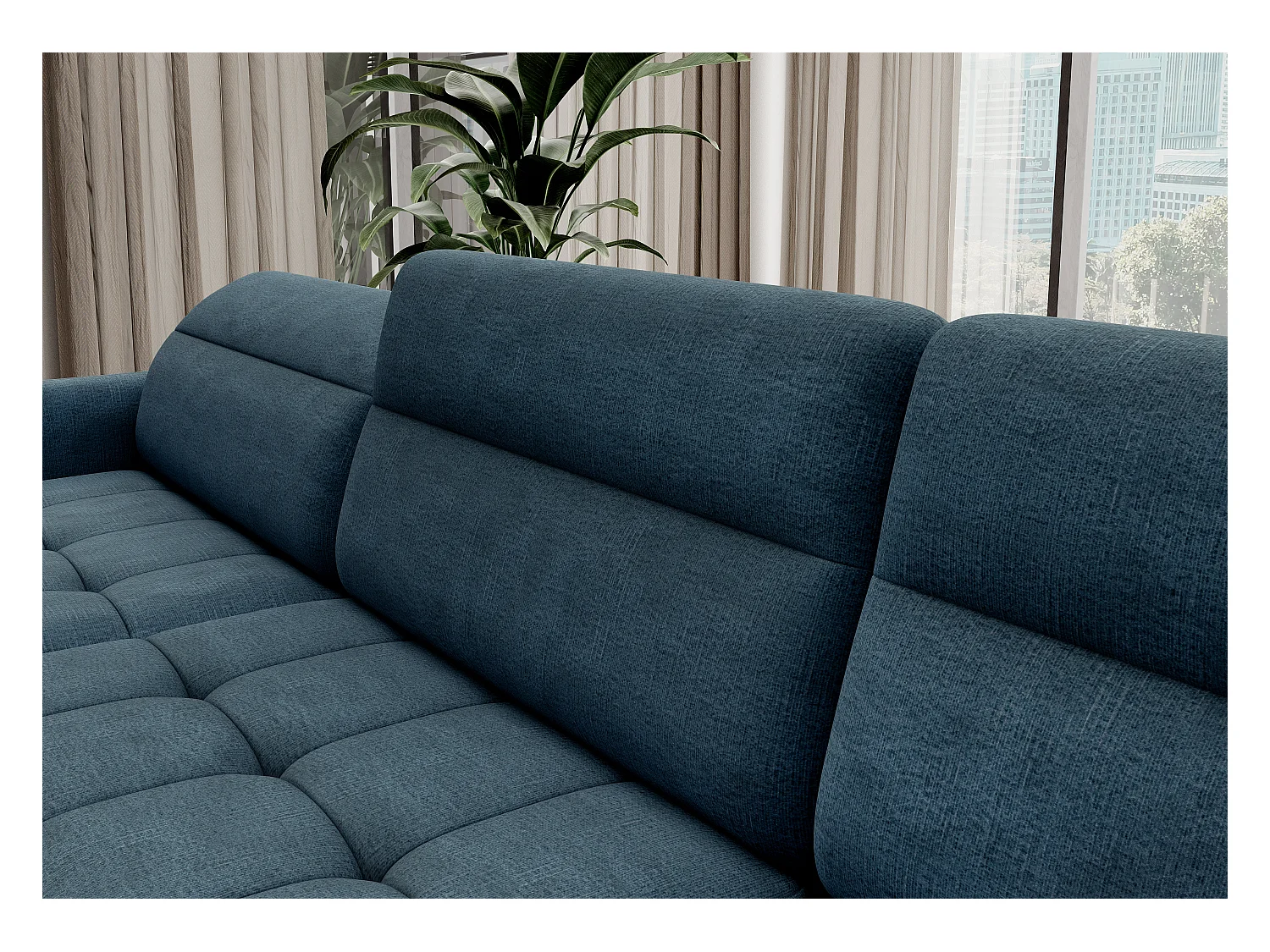 Canapé panoramique convertible BENTO en tissu avec coffre de rangement-Bleu canard-angle gauche