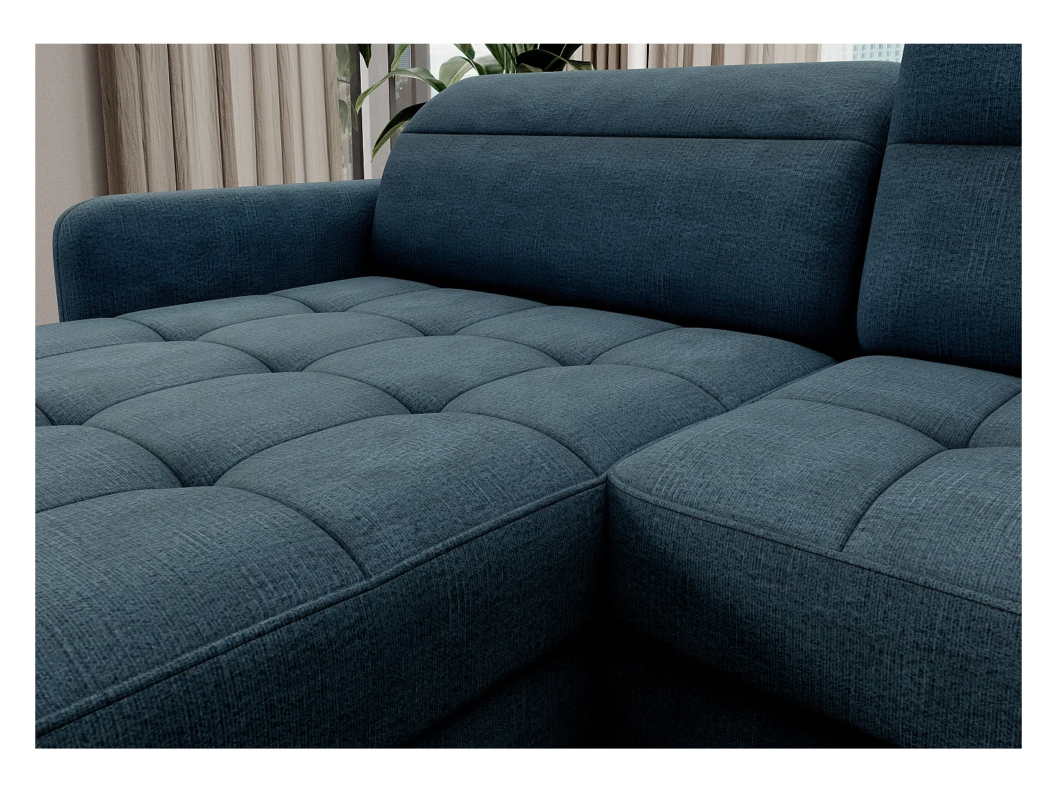Canapé panoramique convertible BENTO en tissu avec coffre de rangement-Bleu canard-angle gauche