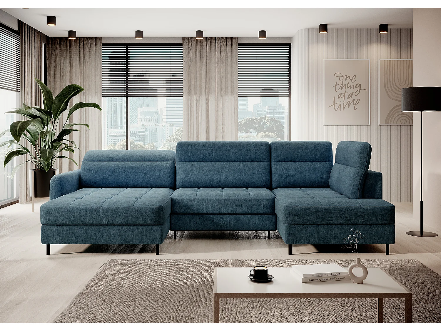 Canapé panoramique convertible BENTO en tissu avec coffre de rangement-Bleu canard-angle gauche