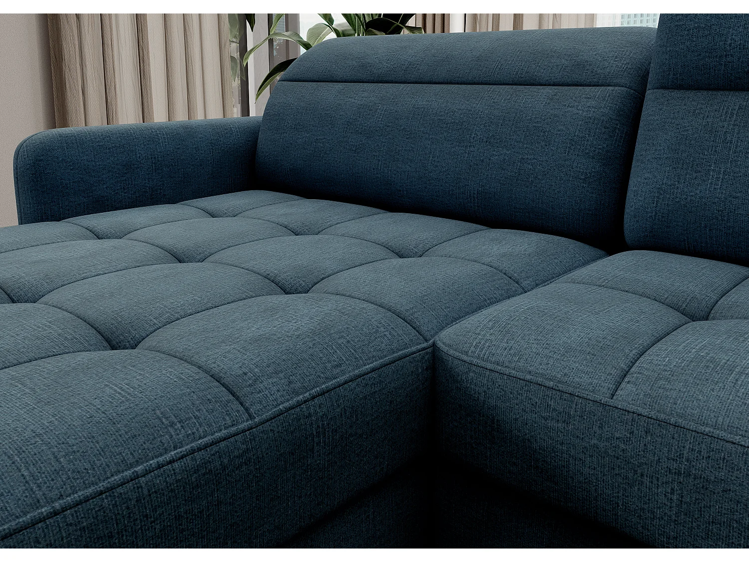 Canapé panoramique convertible BENTO en tissu avec coffre de rangement-Bleu canard-angle gauche
