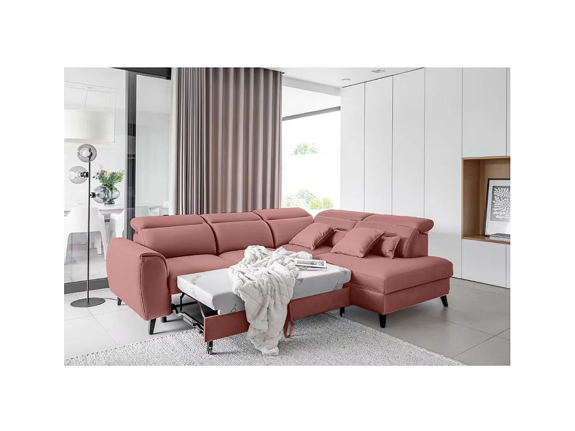 Canapé d'angle convertible avec rangement tissu NOBLESSE - Pieds bois noir-Rose-angle droit