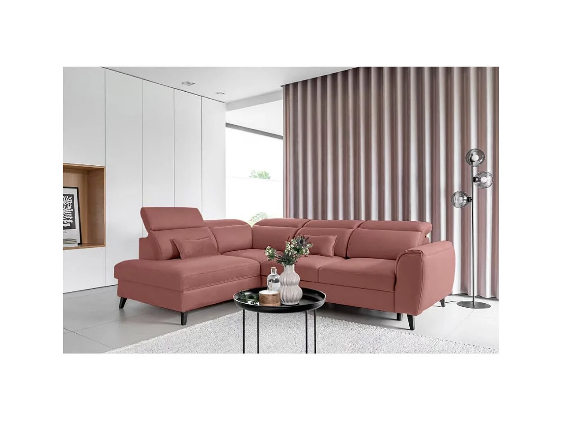 Canapé d'angle convertible avec rangement tissu NOBLESSE - Pieds bois noir-Rose-angle droit