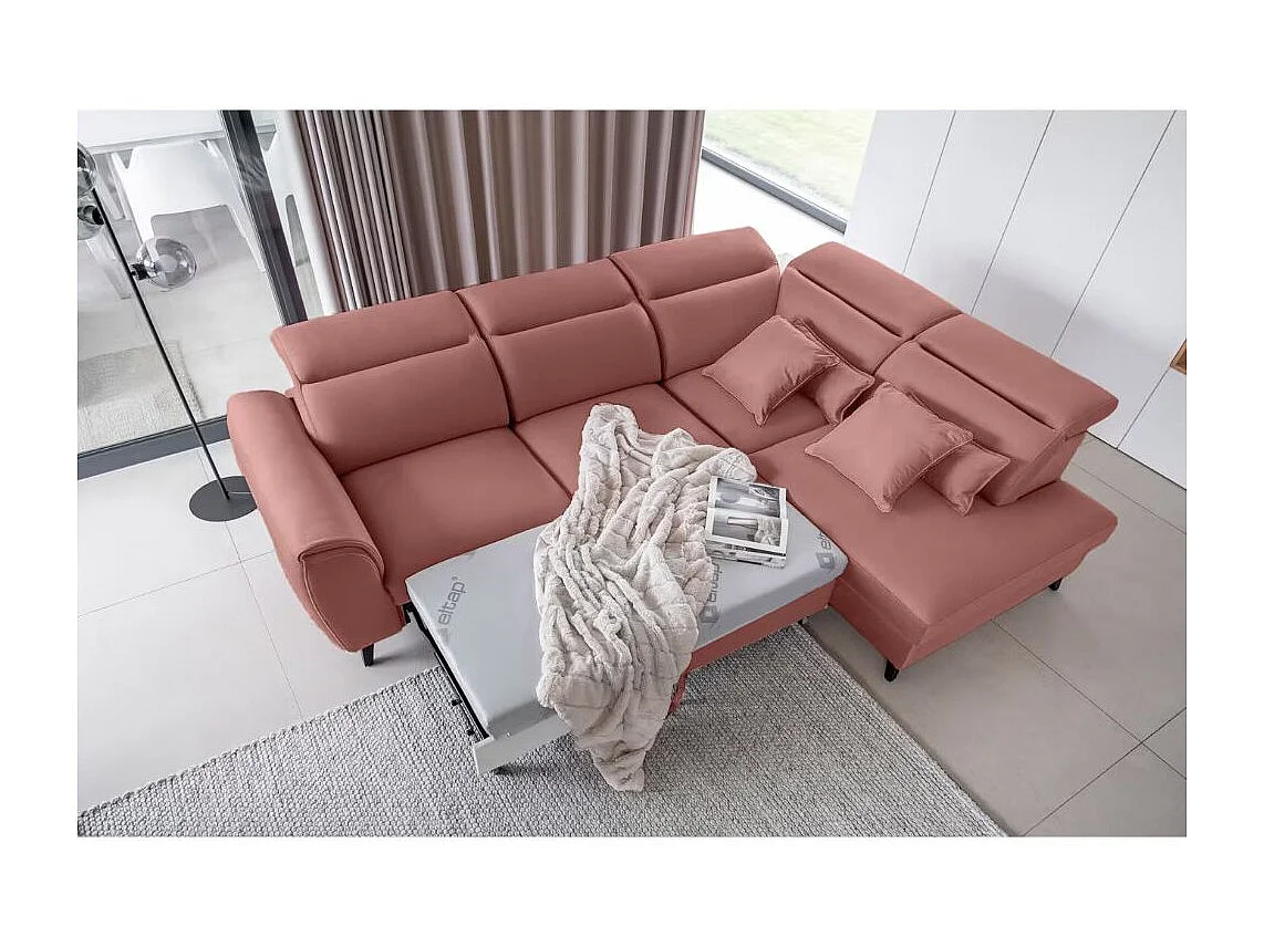 Canapé d'angle convertible avec rangement tissu NOBLESSE - Pieds bois noir-Rose-angle droit